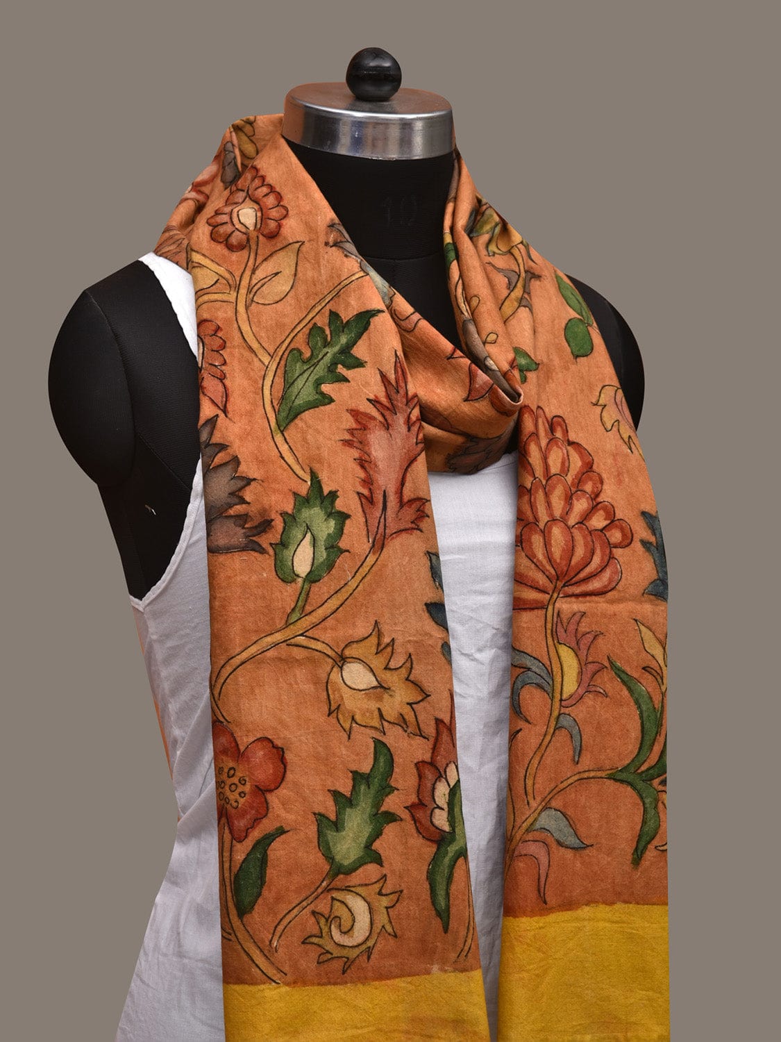 Orange Kalamkari Hand Painted Cotton Handloom Stole with Floral Design ds3033