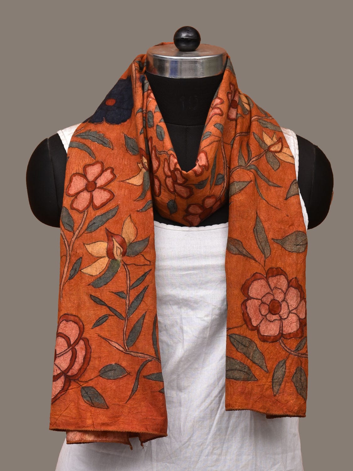 Orange Kalamkari Hand Painted Cotton Handloom Stole with Floral Design ds3141