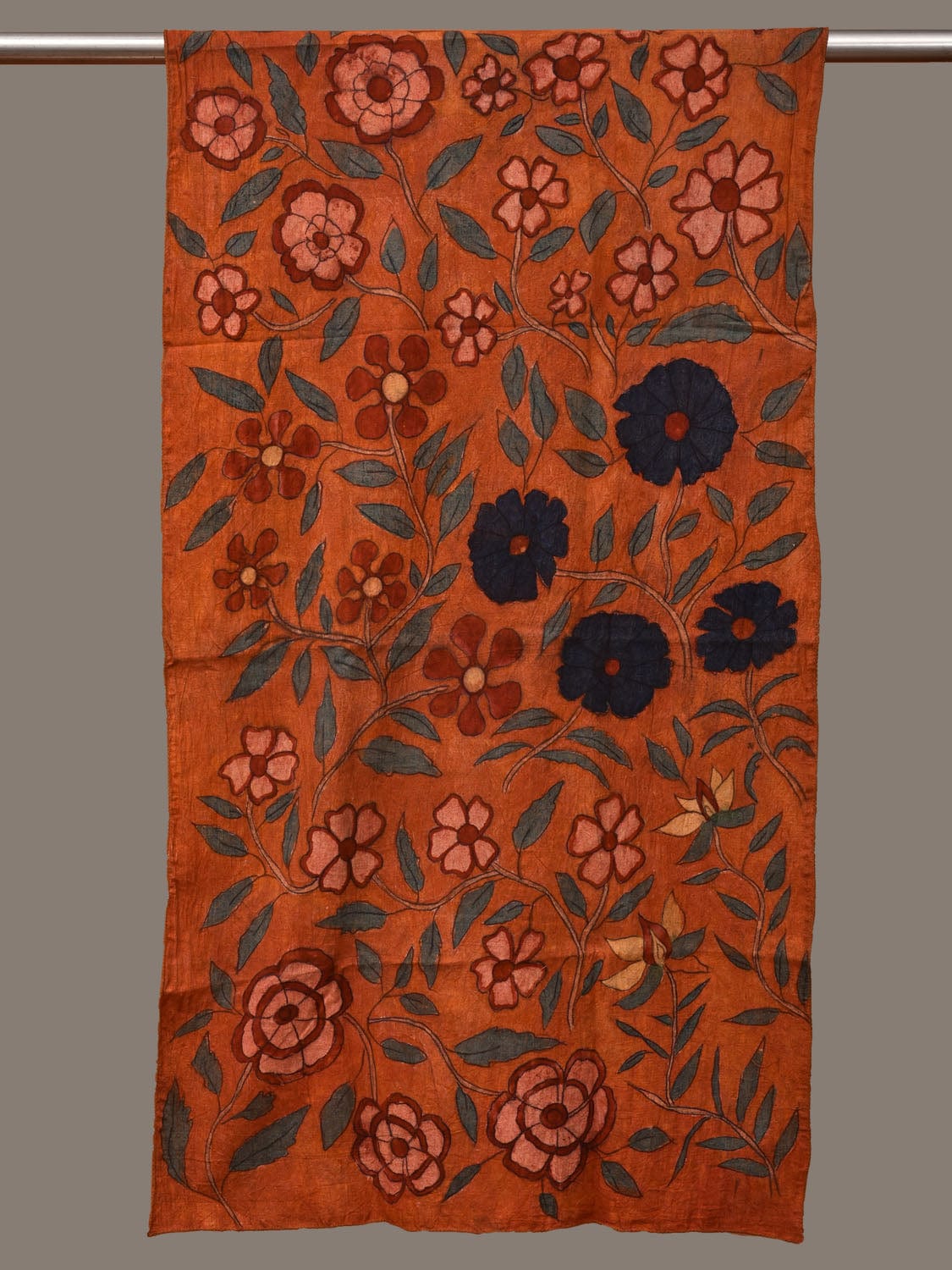 Orange Kalamkari Hand Painted Cotton Handloom Stole with Floral Design ds3141