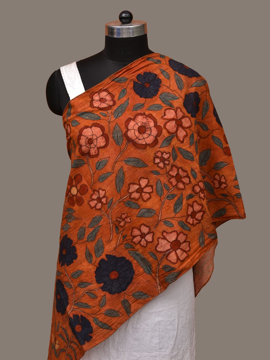 Orange Kalamkari Hand Painted Cotton Handloom Stole with Floral Design ds3141
