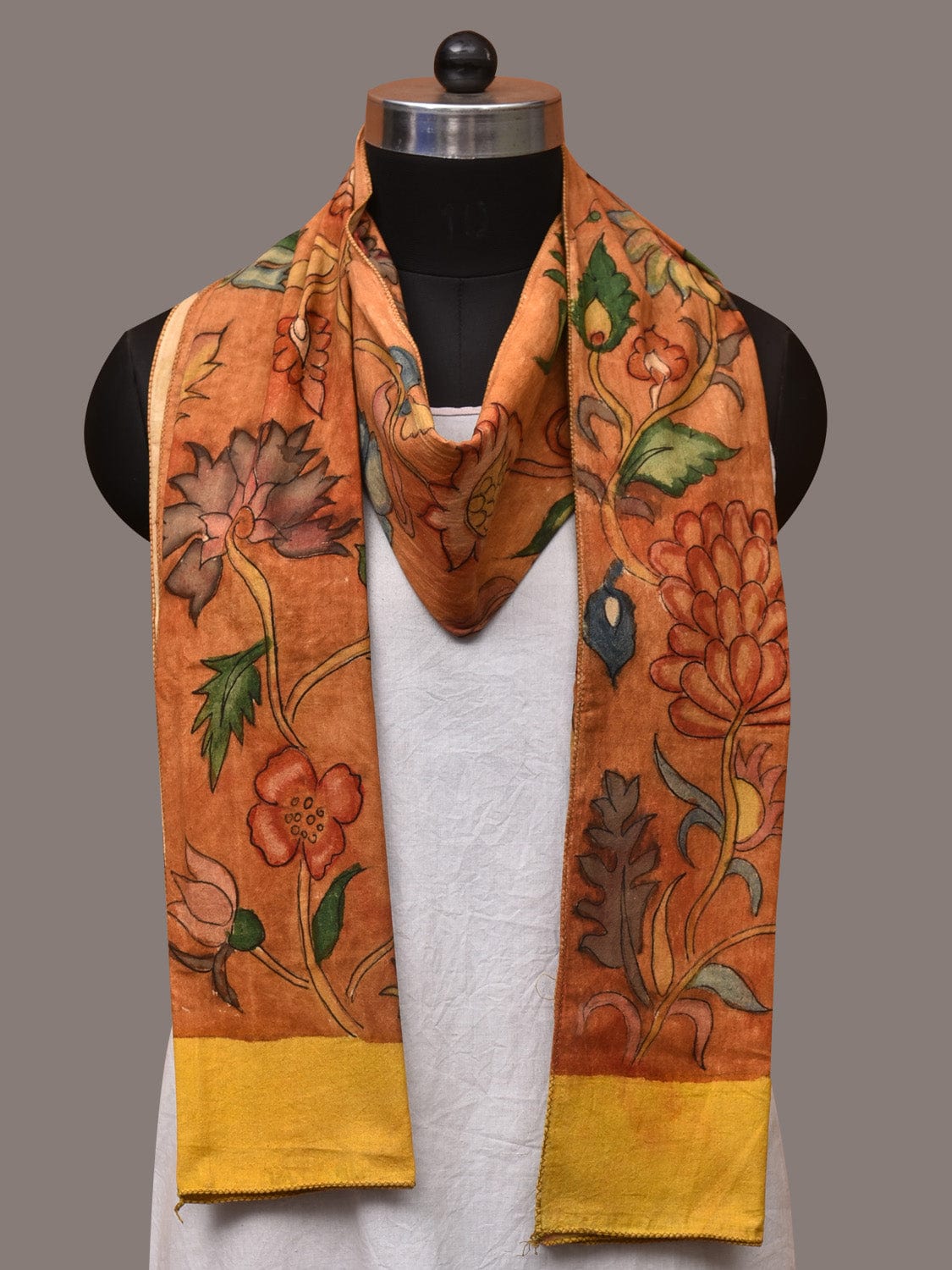 Orange Kalamkari Hand Painted Cotton Handloom Stole with Floral Design ds3547