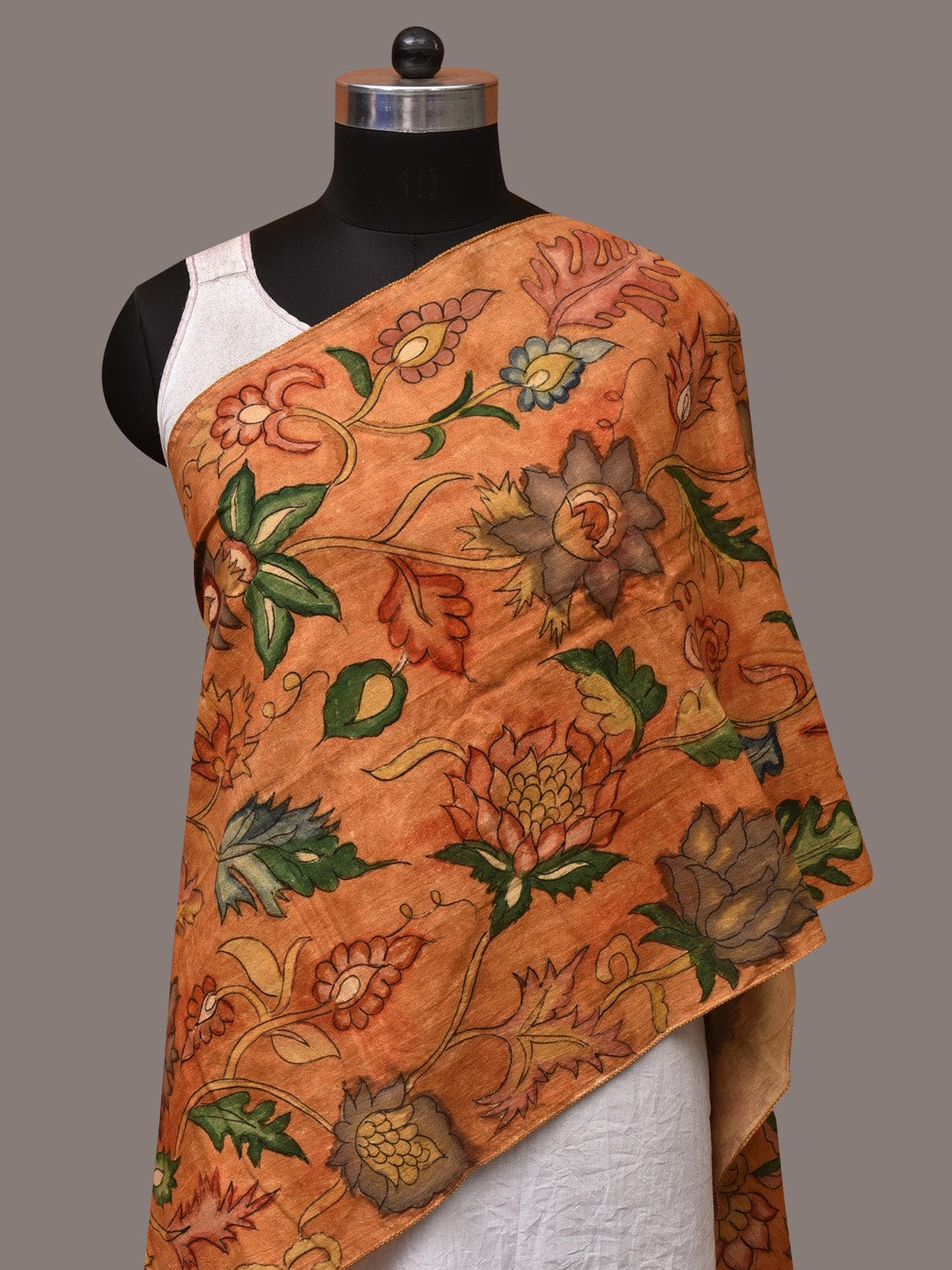 Orange Kalamkari Hand Painted Cotton Handloom Stole with Floral Design ds3547