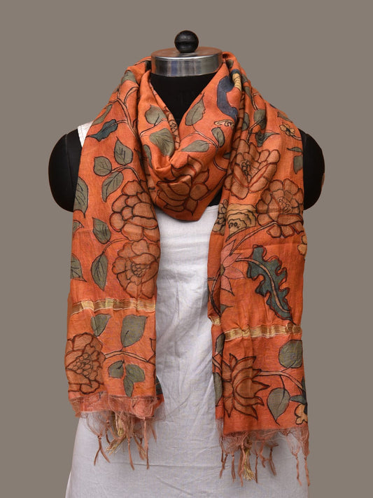 Orange Kalamkari Hand Painted Cotton Silk Handloom Dupatta with Peacocks and Floral Design ds3137
