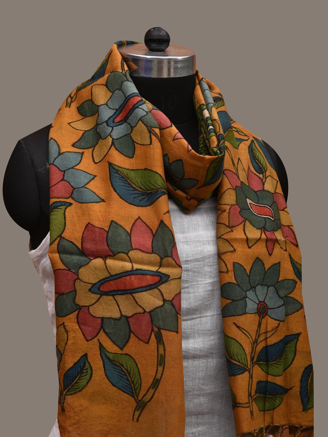 Orange Kalamkari Hand Painted Cotton Silk Handloom Stole with Peacocks and Lotus Flowers Design ds2685