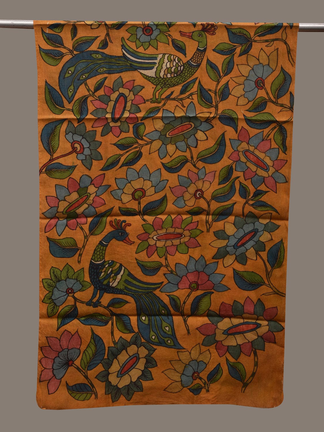 Orange Kalamkari Hand Painted Cotton Silk Handloom Stole with Peacocks and Lotus Flowers Design ds2685