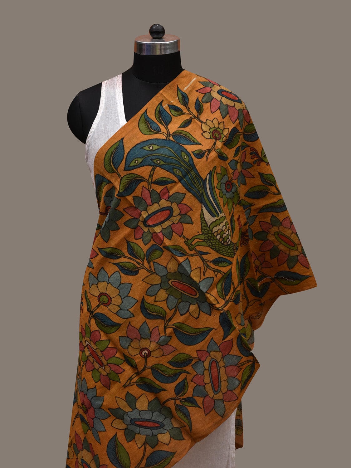 Orange Kalamkari Hand Painted Cotton Silk Handloom Stole with Peacocks and Lotus Flowers Design ds2685