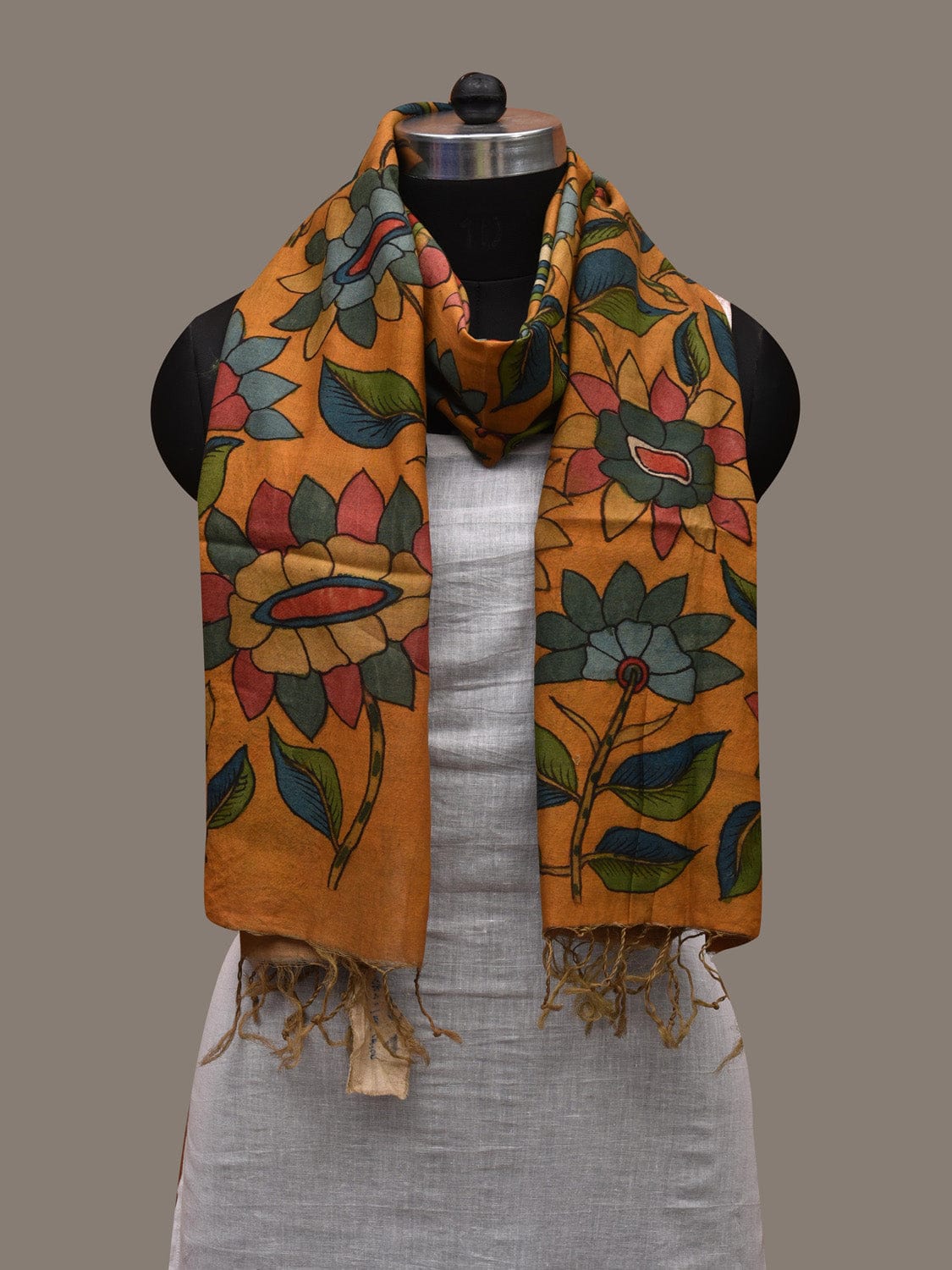 Orange Kalamkari Hand Painted Cotton Silk Handloom Stole with Peacocks and Lotus Flowers Design ds2685