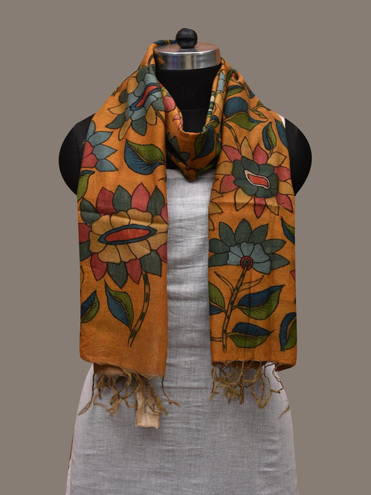 Orange Kalamkari Hand Painted Cotton Silk Handloom Stole with Peacocks and Lotus Flowers Design ds2685