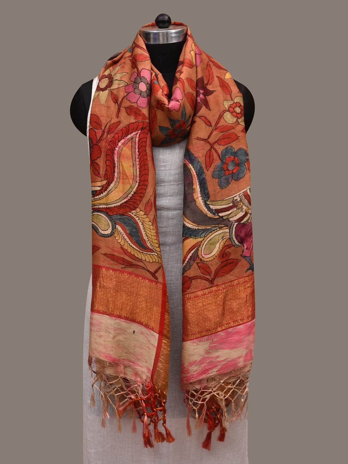 Orange Kalamkari Hand Painted Kanchipuram Silk Dupatta with Floral and Peacocks Design ds2930