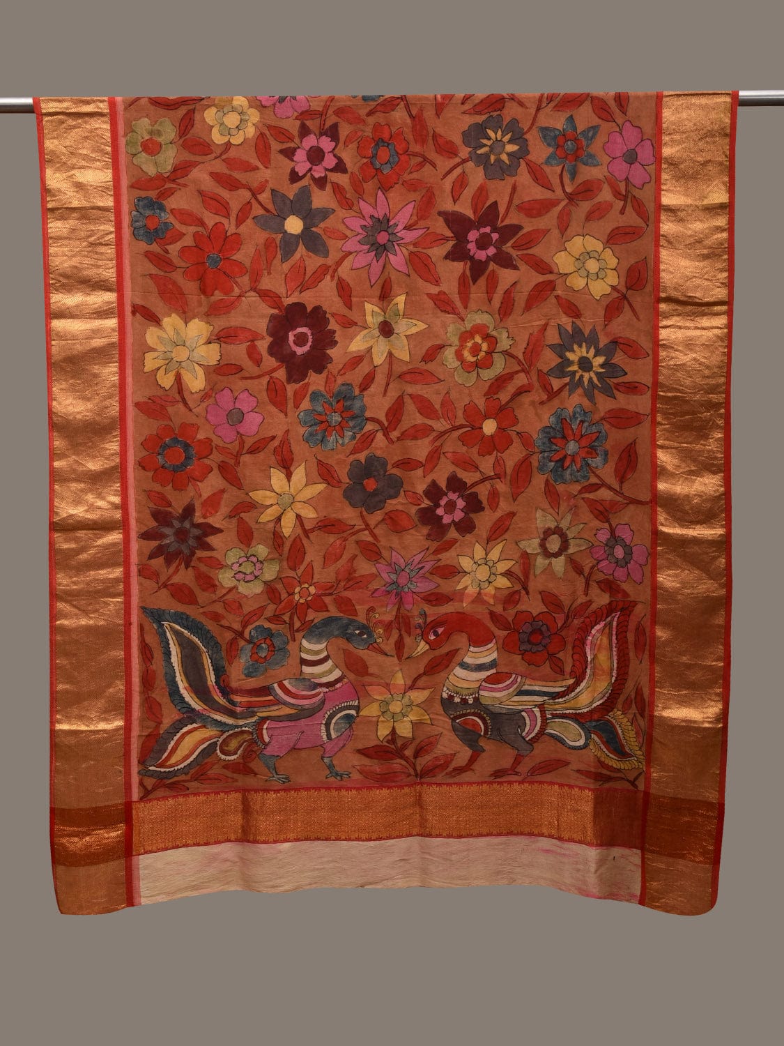 Orange Kalamkari Hand Painted Kanchipuram Silk Dupatta with Floral and Peacocks Design ds2930