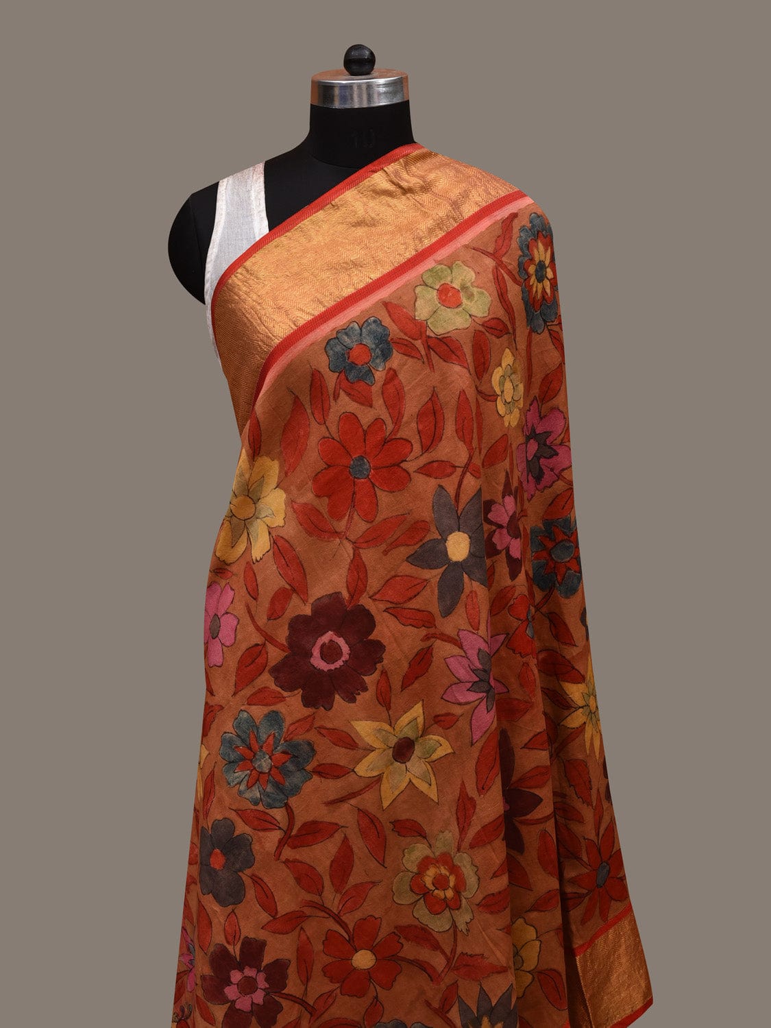 Orange Kalamkari Hand Painted Kanchipuram Silk Dupatta with Floral and Peacocks Design ds2930