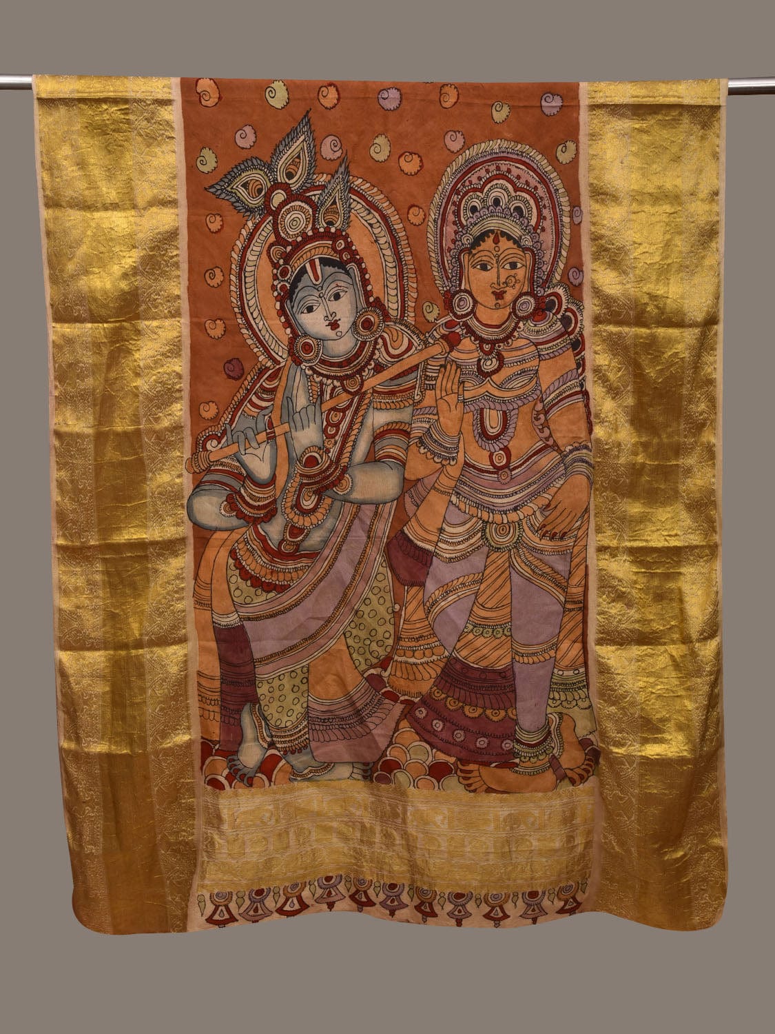 Orange Kalamkari Hand Painted Kanchipuram Silk Handloom Dupatta with Krishna and Radha Design ds3005
