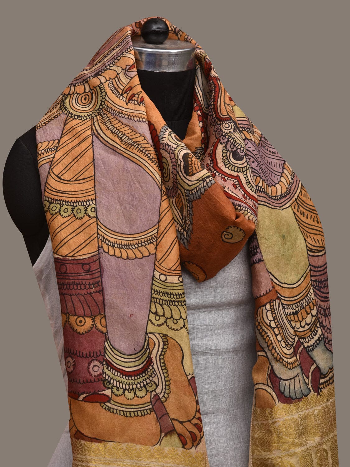 Orange Kalamkari Hand Painted Kanchipuram Silk Handloom Dupatta with Krishna and Radha Design ds3005