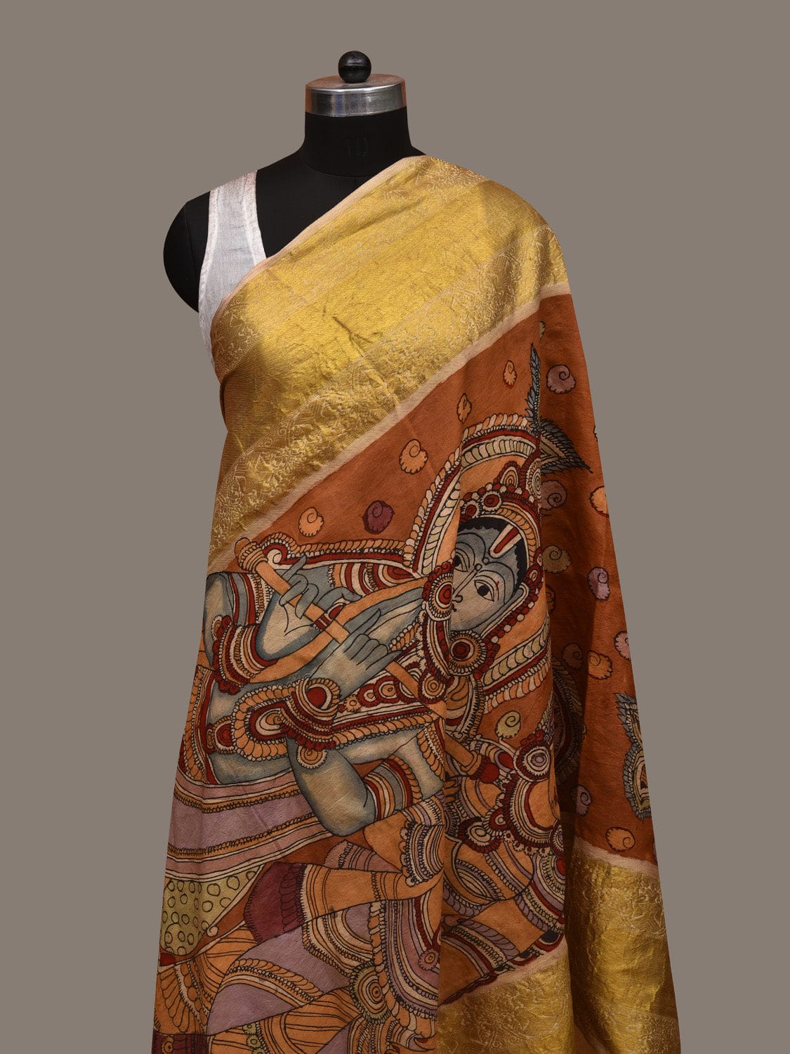 Orange Kalamkari Hand Painted Kanchipuram Silk Handloom Dupatta with Krishna and Radha Design ds3005