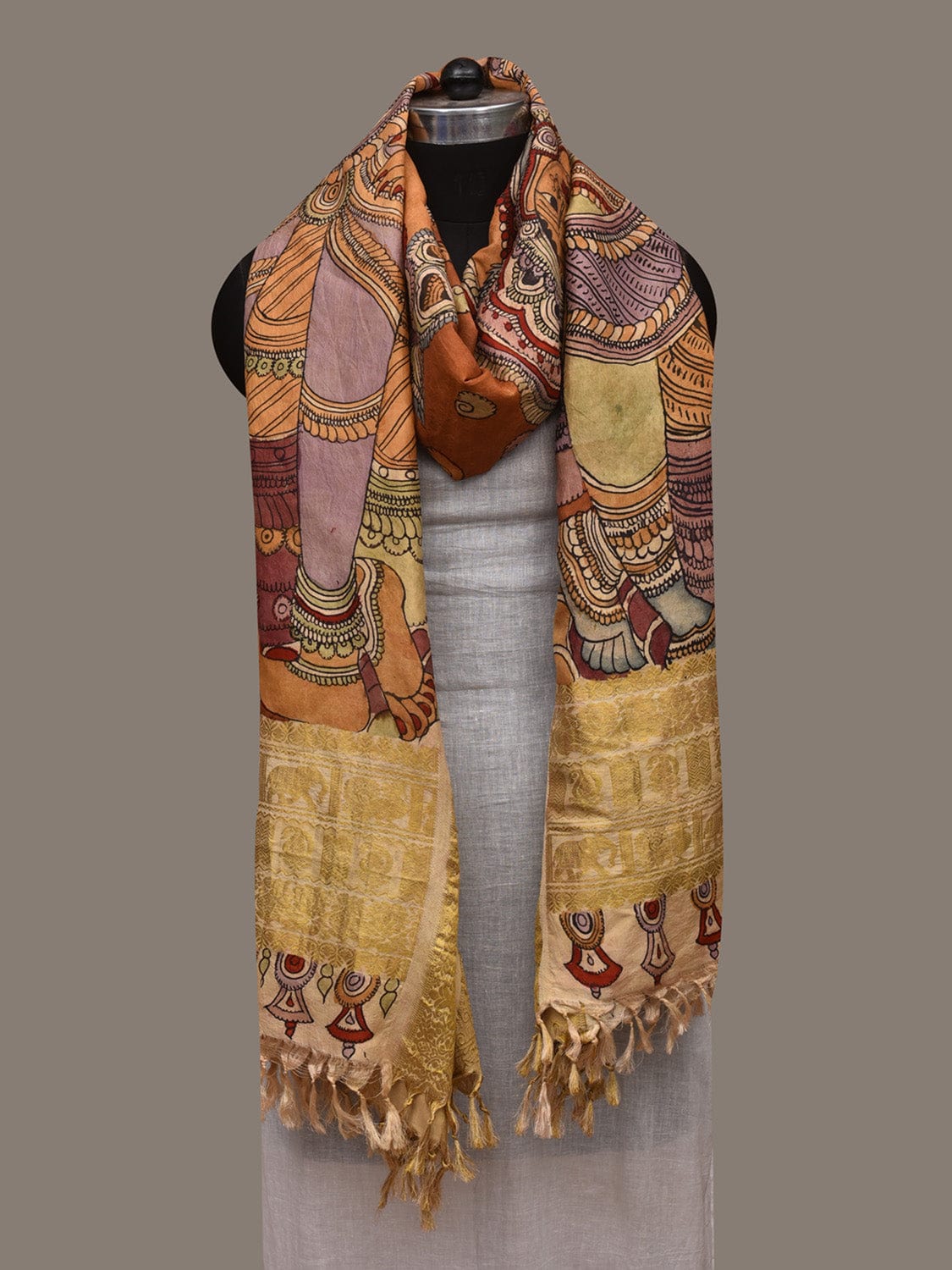 Orange Kalamkari Hand Painted Kanchipuram Silk Handloom Dupatta with Krishna and Radha Design ds3005