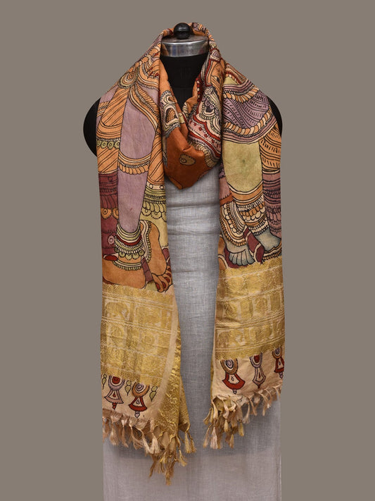 Orange Kalamkari Hand Painted Kanchipuram Silk Handloom Dupatta with Krishna and Radha Design ds3005