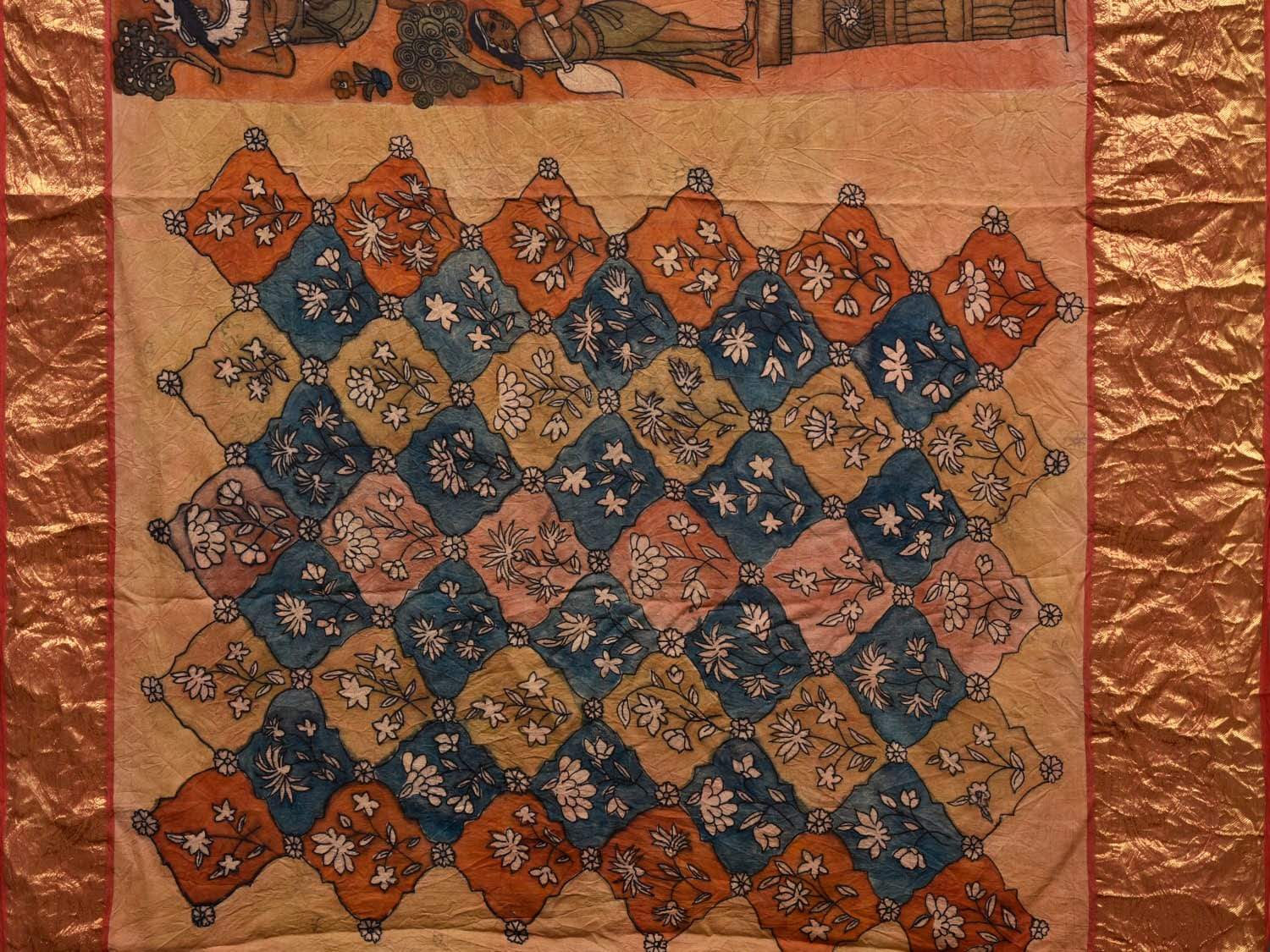 Orange Kalamkari Hand Painted Kanchipuram Silk Handloom Saree with Ajanta Paintings Design KL0525