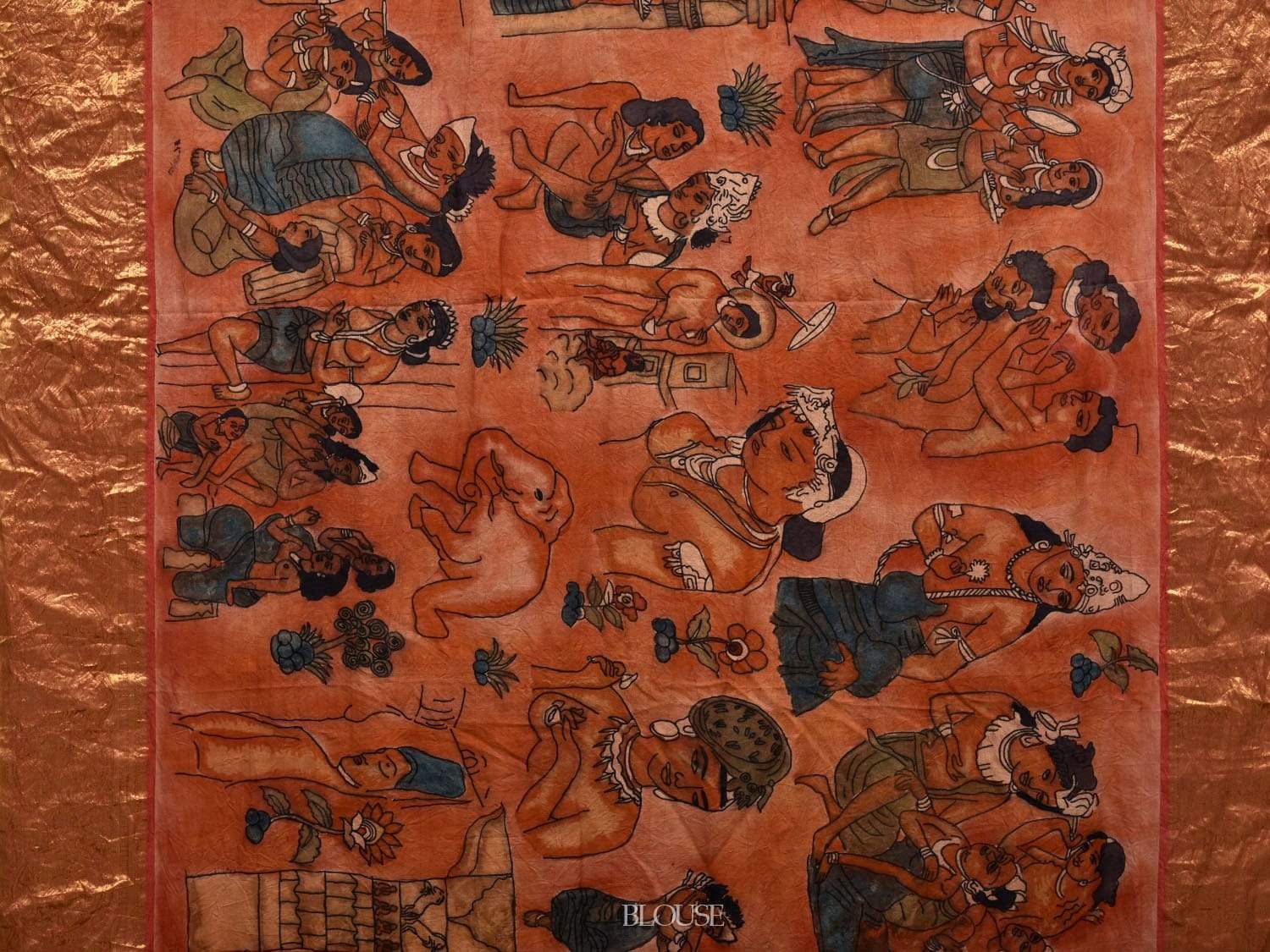 Orange Kalamkari Hand Painted Kanchipuram Silk Handloom Saree with Ajanta Paintings Design KL0525