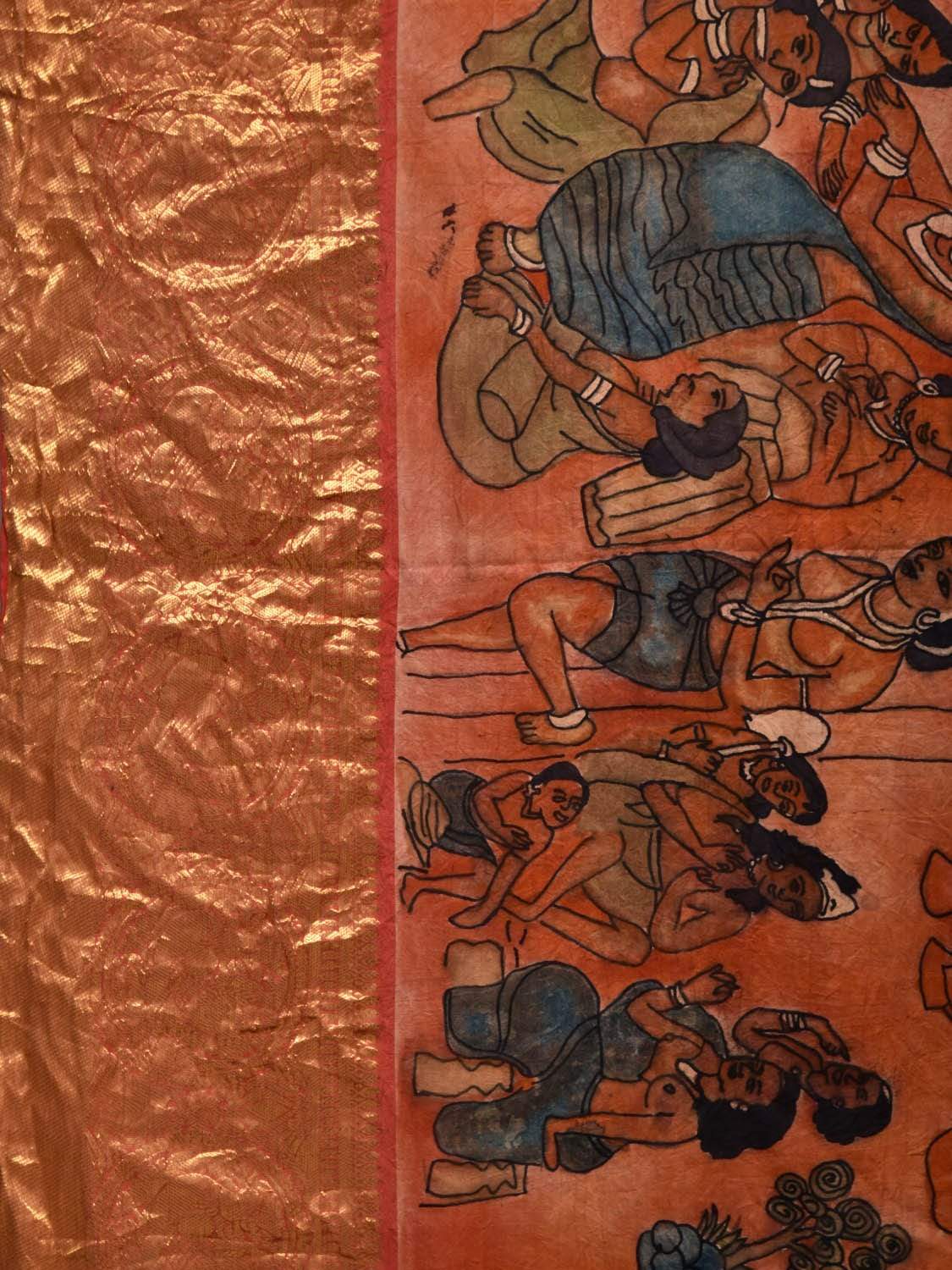 Orange Kalamkari Hand Painted Kanchipuram Silk Handloom Saree with Ajanta Paintings Design KL0525