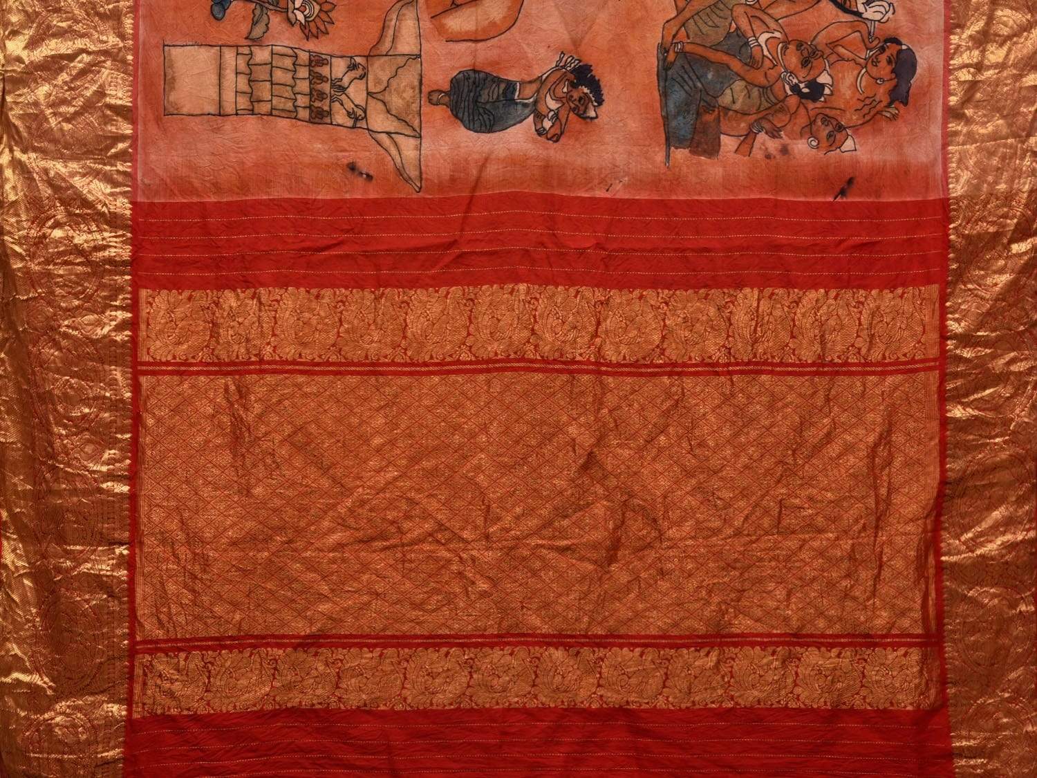 Orange Kalamkari Hand Painted Kanchipuram Silk Handloom Saree with Ajanta Paintings Design KL0525
