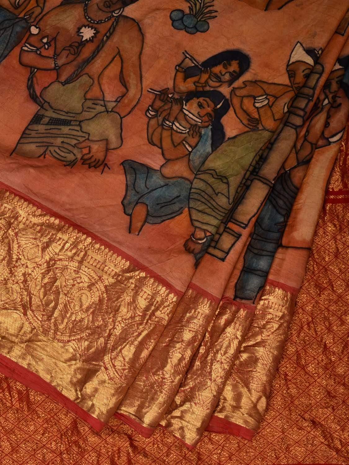 Orange Kalamkari Hand Painted Kanchipuram Silk Handloom Saree with Ajanta Paintings Design KL0525