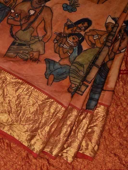 Orange Kalamkari Hand Painted Kanchipuram Silk Handloom Saree with Ajanta Paintings Design KL0525