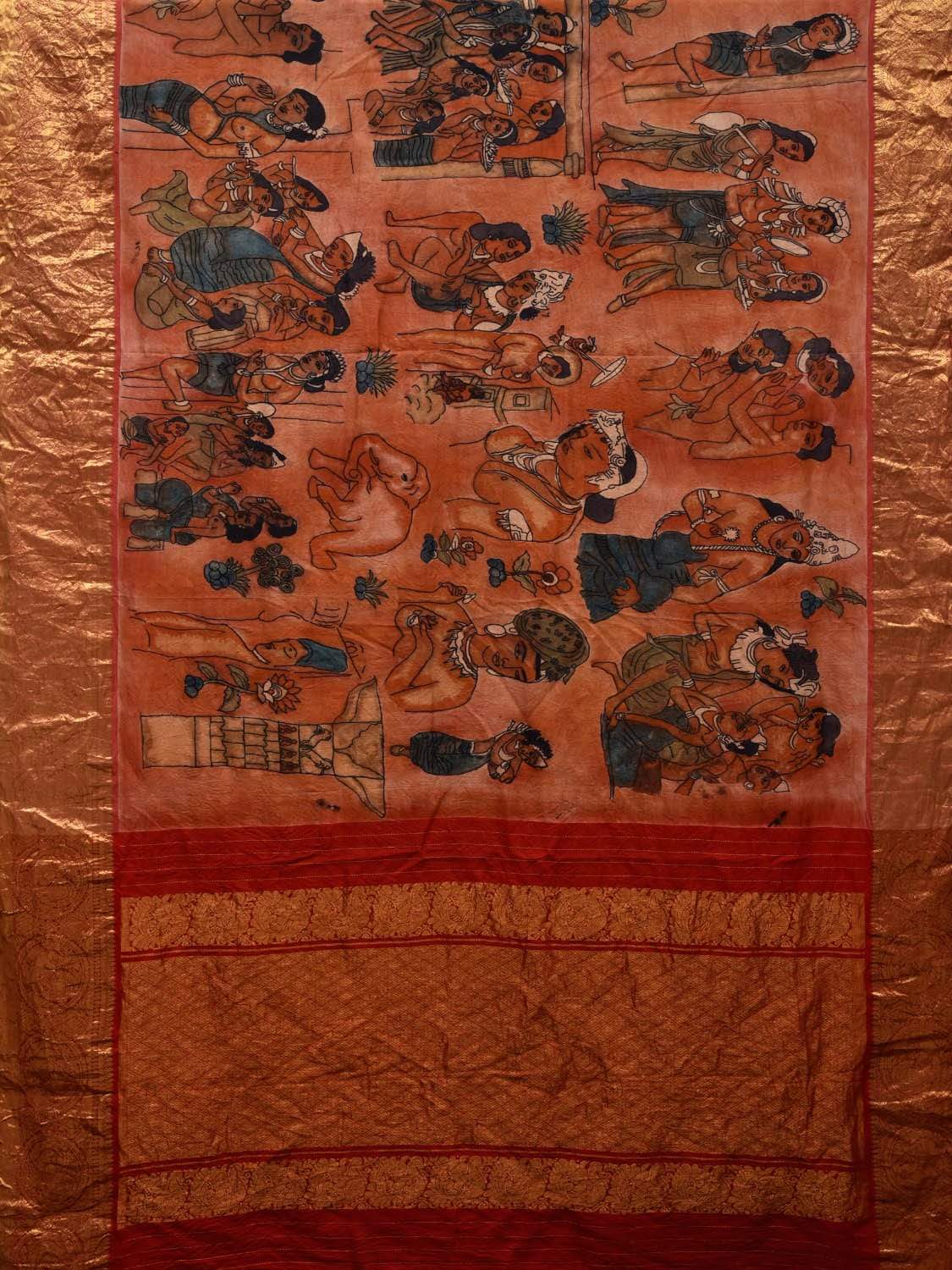 Orange Kalamkari Hand Painted Kanchipuram Silk Handloom Saree with Ajanta Paintings Design KL0525