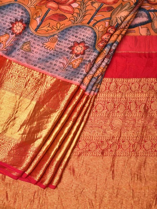 Orange Kalamkari Hand Painted Kanchipuram Silk Handloom Saree with Lotus Flowers Design KL0435