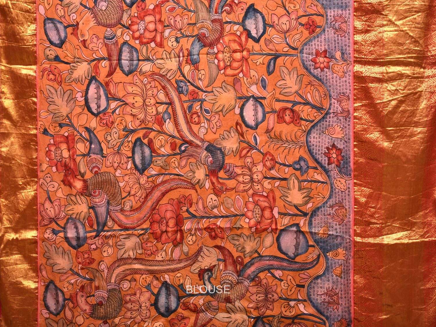 Orange Kalamkari Hand Painted Kanchipuram Silk Handloom Saree with Lotus Flowers Design KL0435