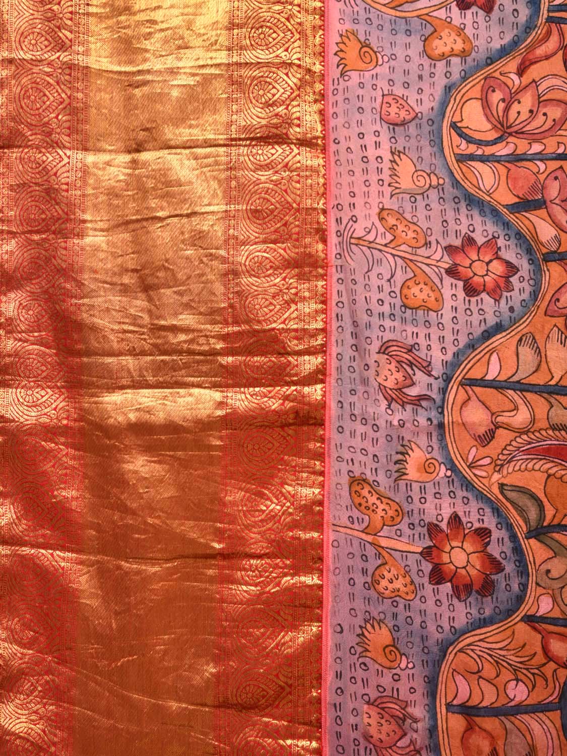 Orange Kalamkari Hand Painted Kanchipuram Silk Handloom Saree with Lotus Flowers Design KL0435