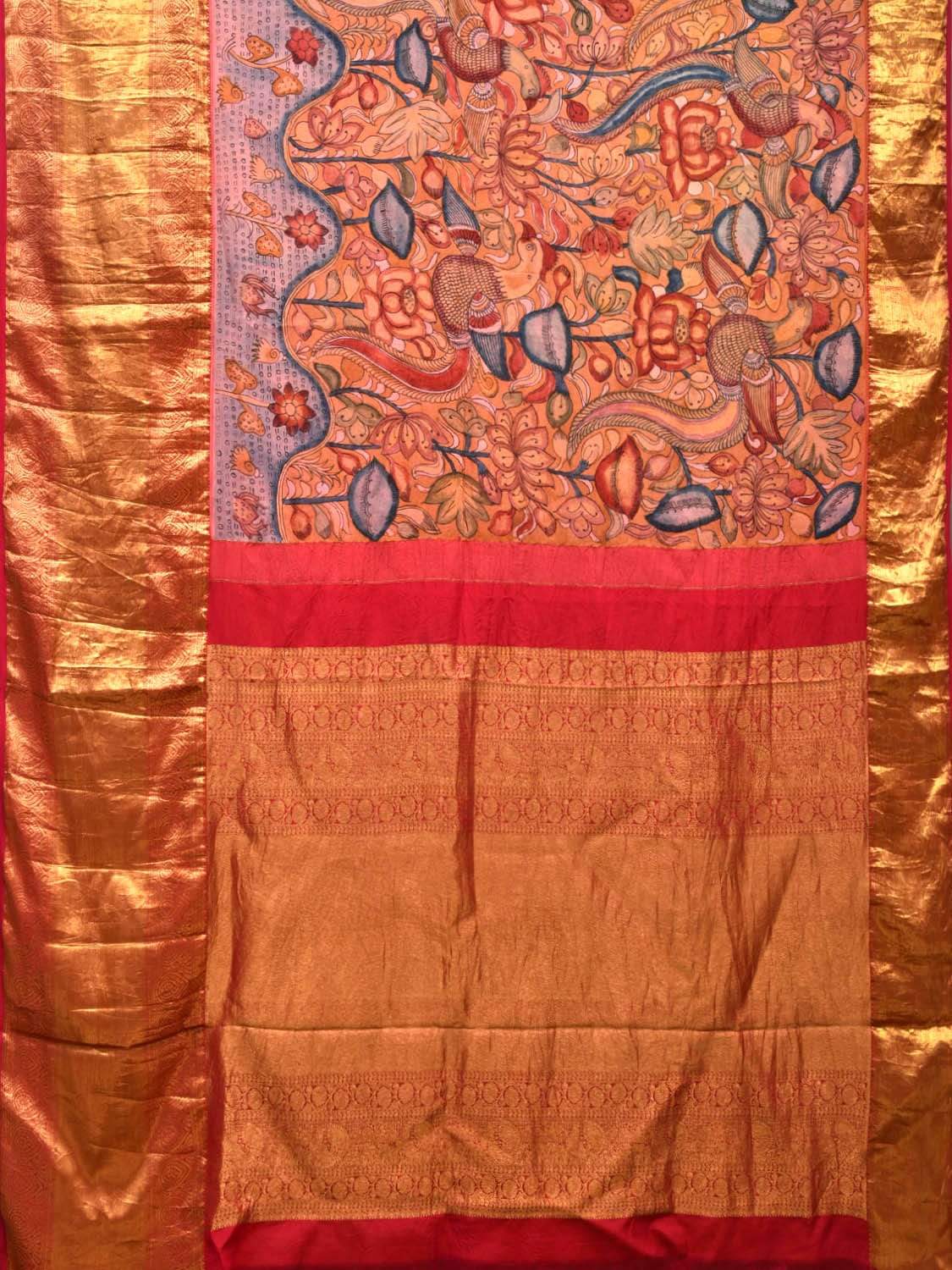 Orange Kalamkari Hand Painted Kanchipuram Silk Handloom Saree with Lotus Flowers Design KL0435