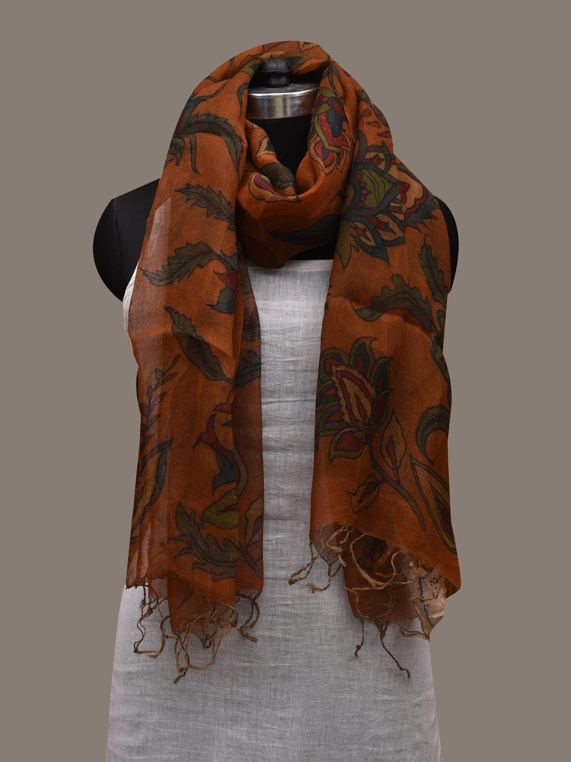 Orange Kalamkari Hand Painted Organza Handloom Stole with Floral Design ds2688