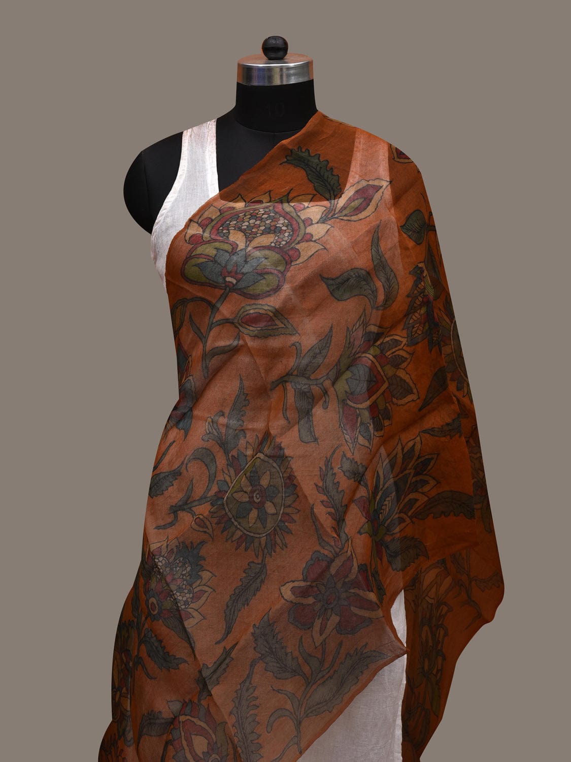 Orange Kalamkari Hand Painted Organza Handloom Stole with Floral Design ds2688