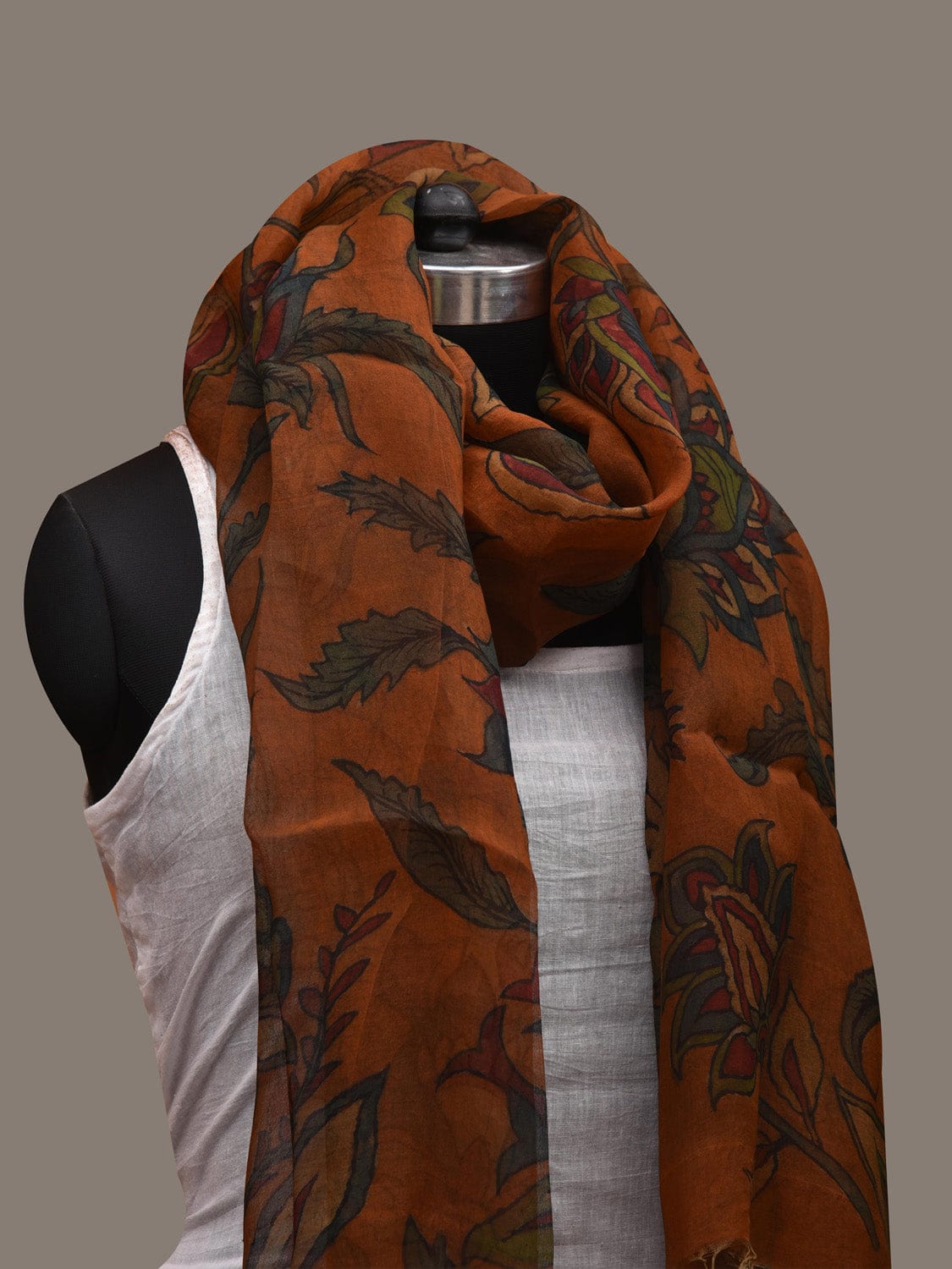 Orange Kalamkari Hand Painted Organza Handloom Stole with Floral Design ds2688