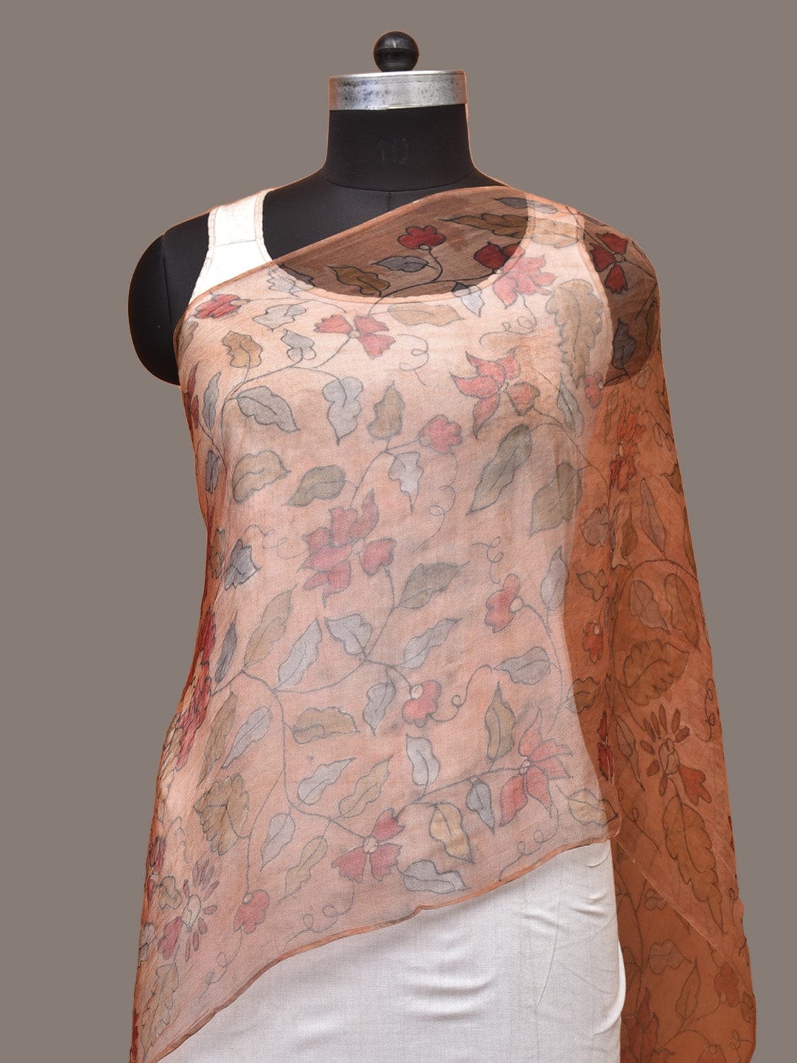 Orange Kalamkari Hand Painted Organza Stole with Floral Design ds3298