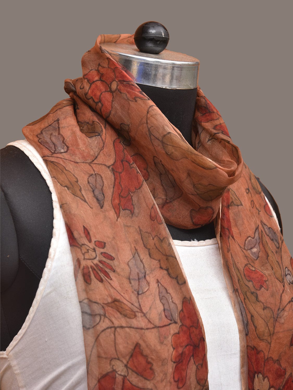 Orange Kalamkari Hand Painted Organza Stole with Floral Design ds3298