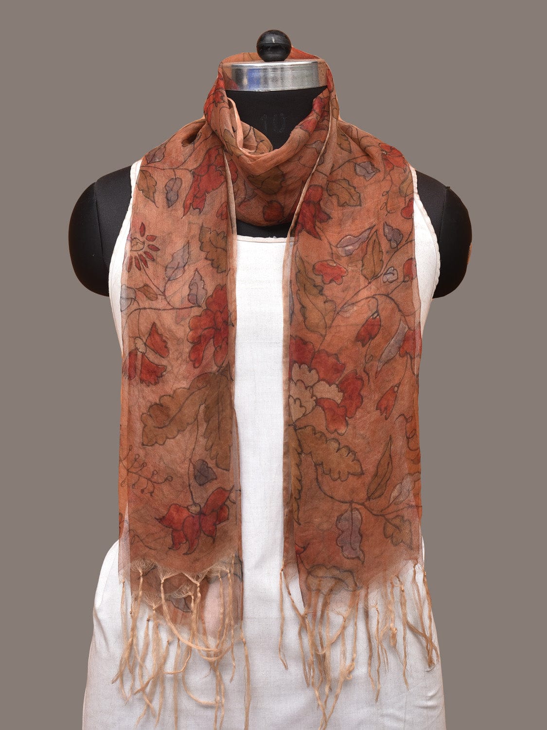 Orange Kalamkari Hand Painted Organza Stole with Floral Design ds3298