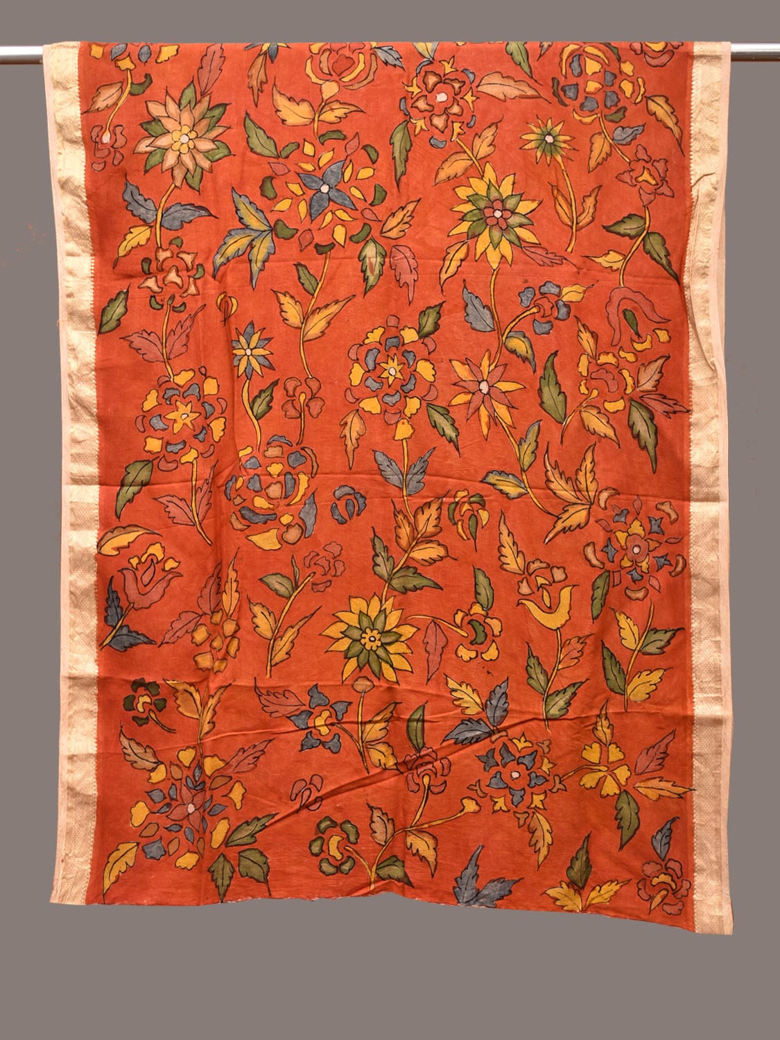 Orange Kalamkari Hand Painted Sico Handloom Dupatta with Floral Design ds3332