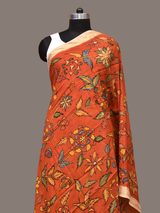 Orange Kalamkari Hand Painted Sico Handloom Dupatta with Floral Design ds3332