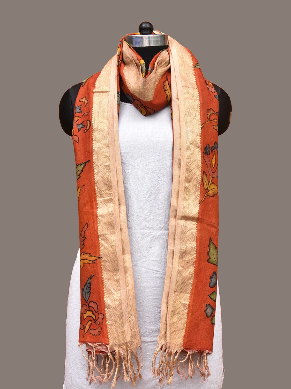 Orange Kalamkari Hand Painted Sico Handloom Dupatta with Floral Design ds3332