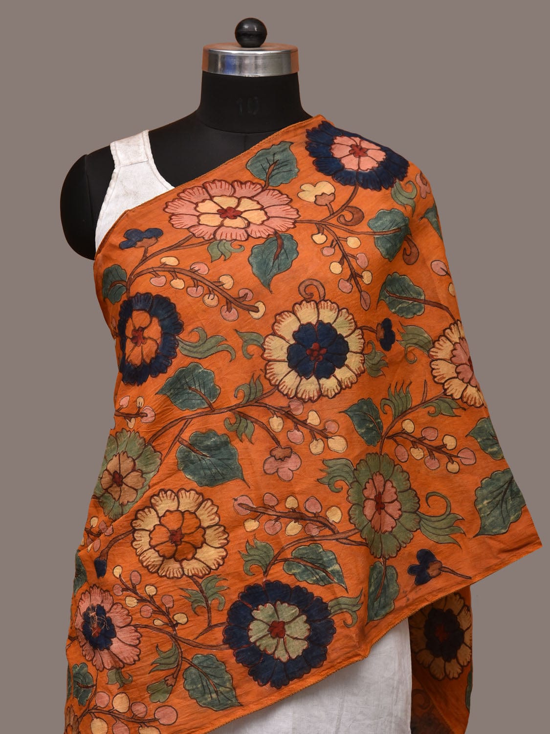 Orange Kalamkari Hand Painted Sico Handloom Stole with Floral Design ds3203