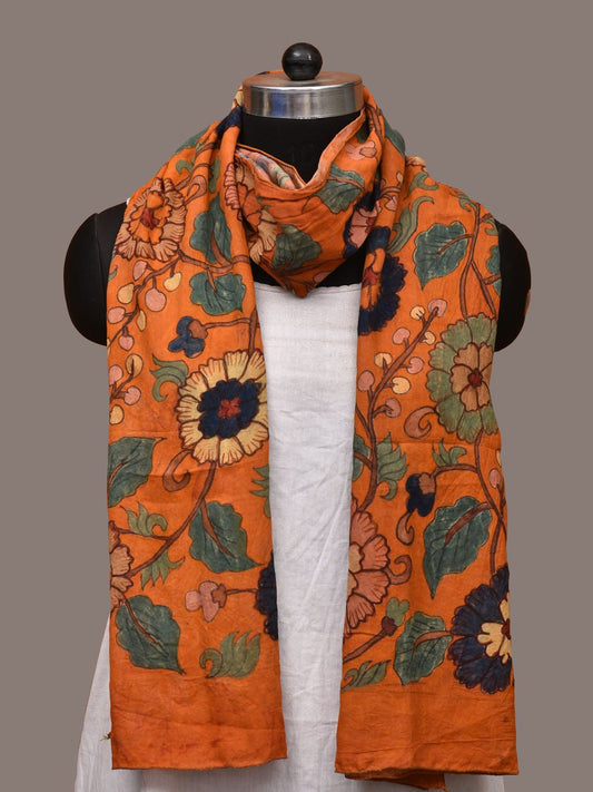 Orange Kalamkari Hand Painted Sico Handloom Stole with Floral Design ds3203