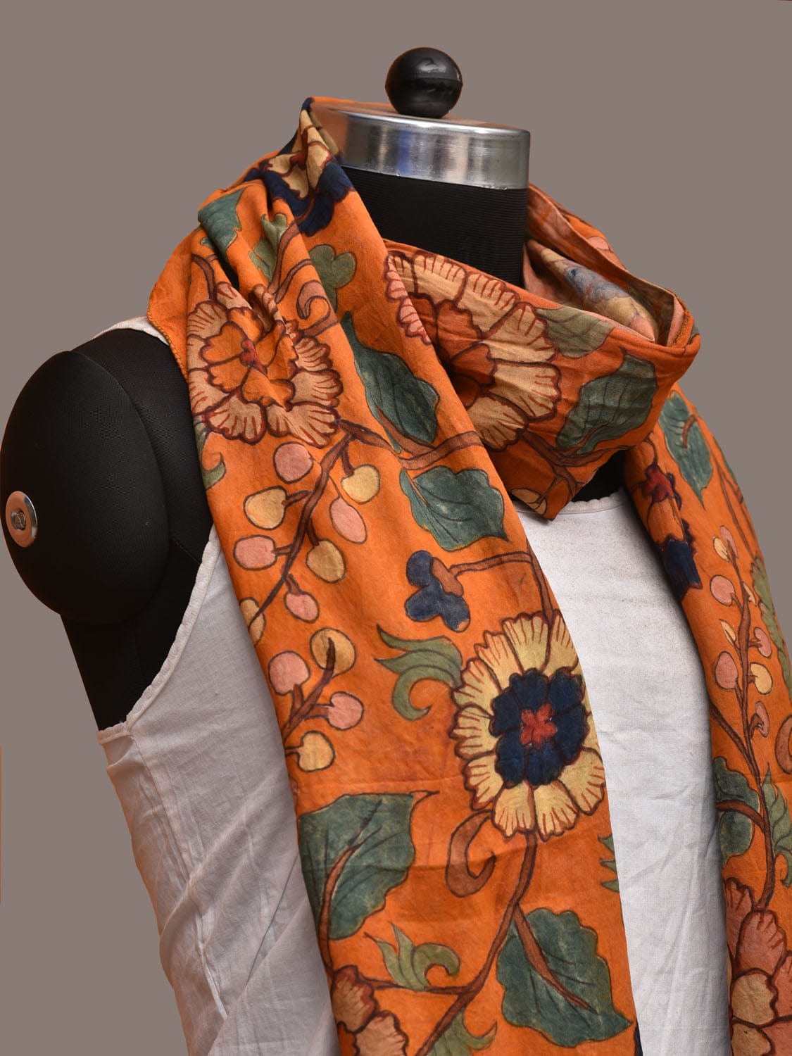 Orange Kalamkari Hand Painted Sico Handloom Stole with Floral Design ds3203