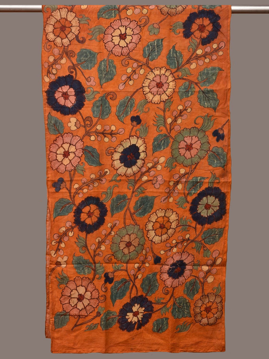 Orange Kalamkari Hand Painted Sico Handloom Stole with Floral Design ds3203