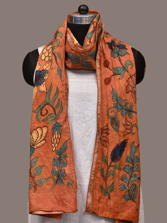 Orange Kalamkari Hand Painted Sico Handloom Stole with Floral Design ds3206