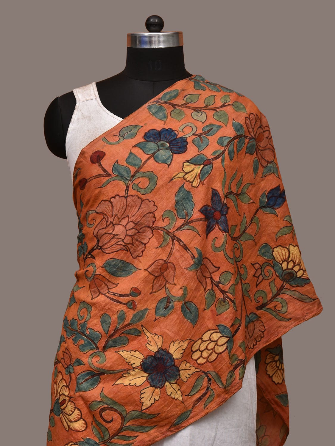Orange Kalamkari Hand Painted Sico Handloom Stole with Floral Design ds3206
