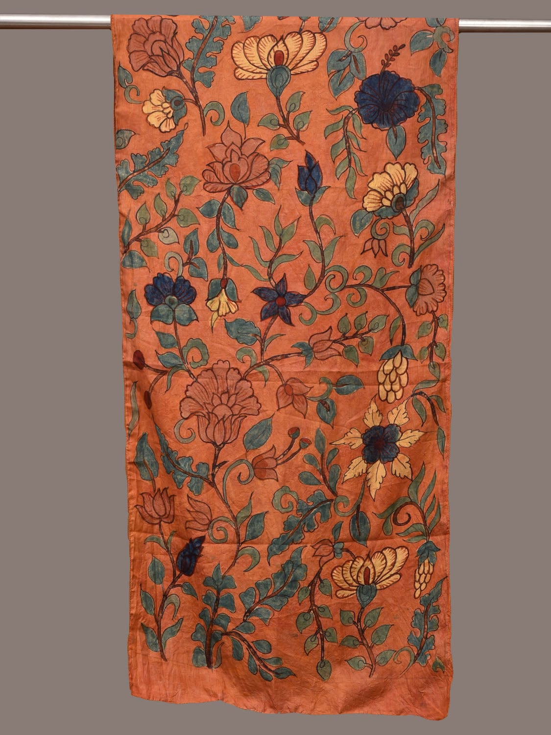 Orange Kalamkari Hand Painted Sico Handloom Stole with Floral Design ds3206