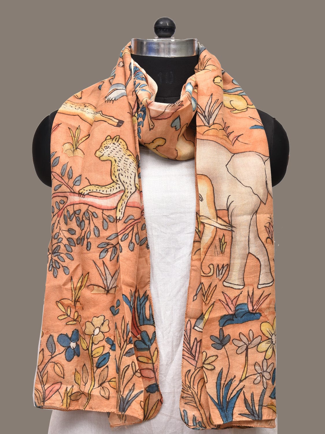 Orange Kalamkari Hand Painted Sico Stole with Animals and Trees Design ds3269