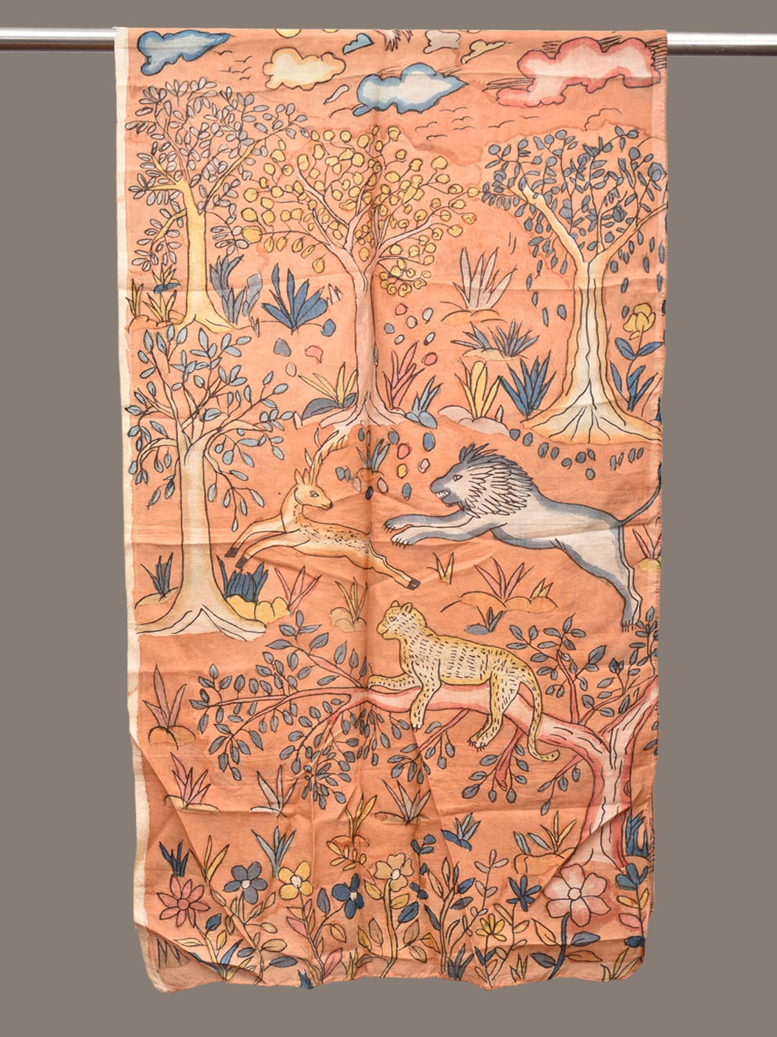 Orange Kalamkari Hand Painted Sico Stole with Animals and Trees Design ds3269