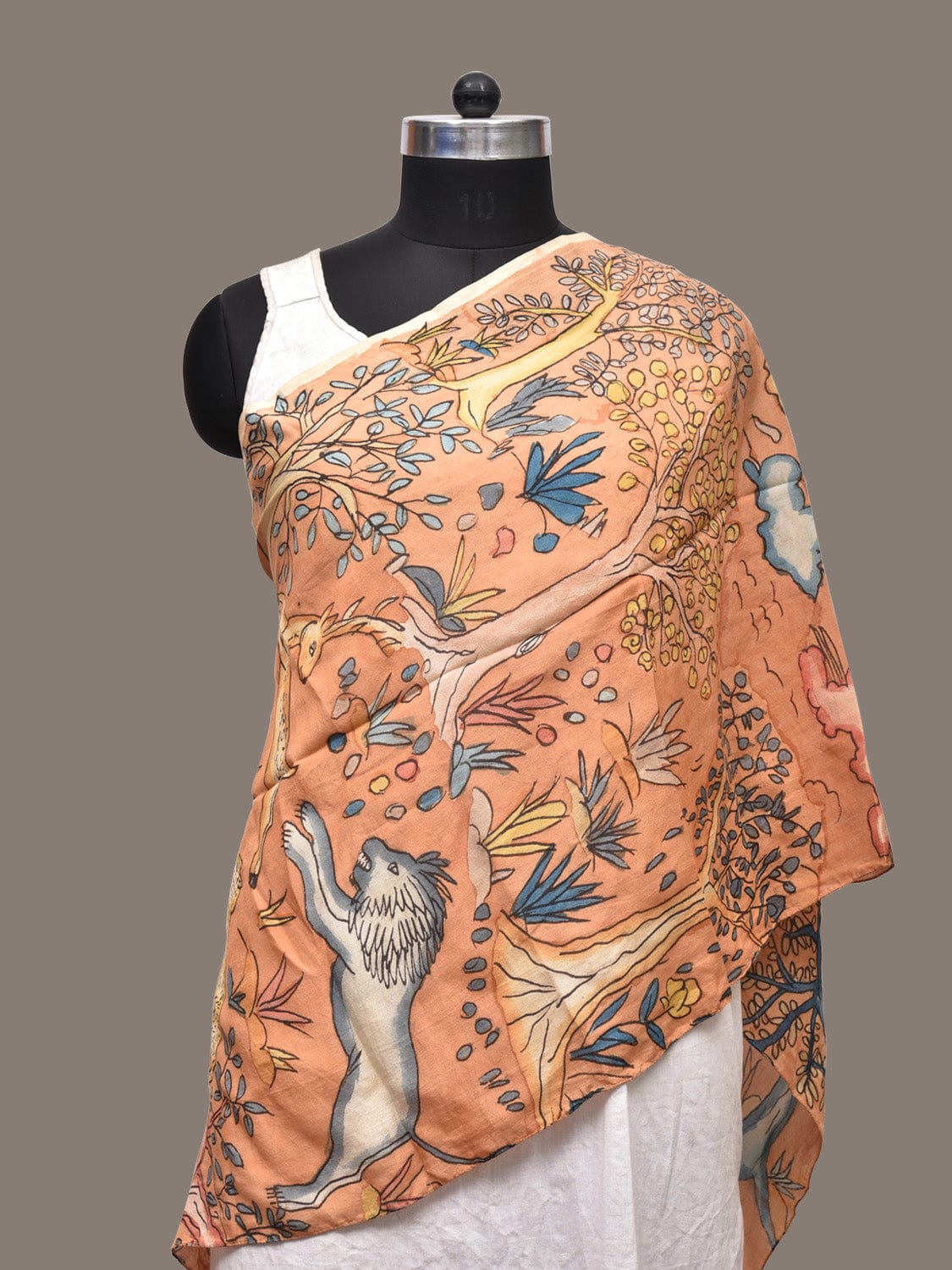 Orange Kalamkari Hand Painted Sico Stole with Animals and Trees Design ds3269